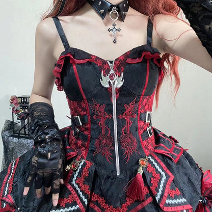 Gothic Bat Black Cross Embroidery Lolita Front Red JSK and Buckle Side Zip