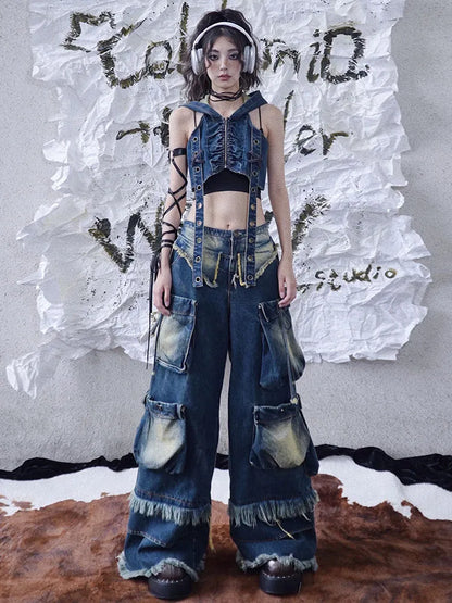 Cargo-Punk-Waste-Wasteland-Jeans mit verblassten Taschen und weitem Bein