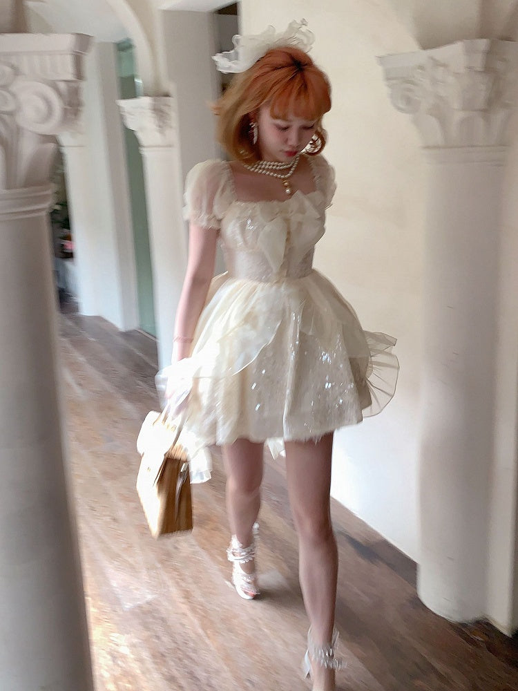 Dress with Tulle Train Beige Sequin-Embellished Square Neckline