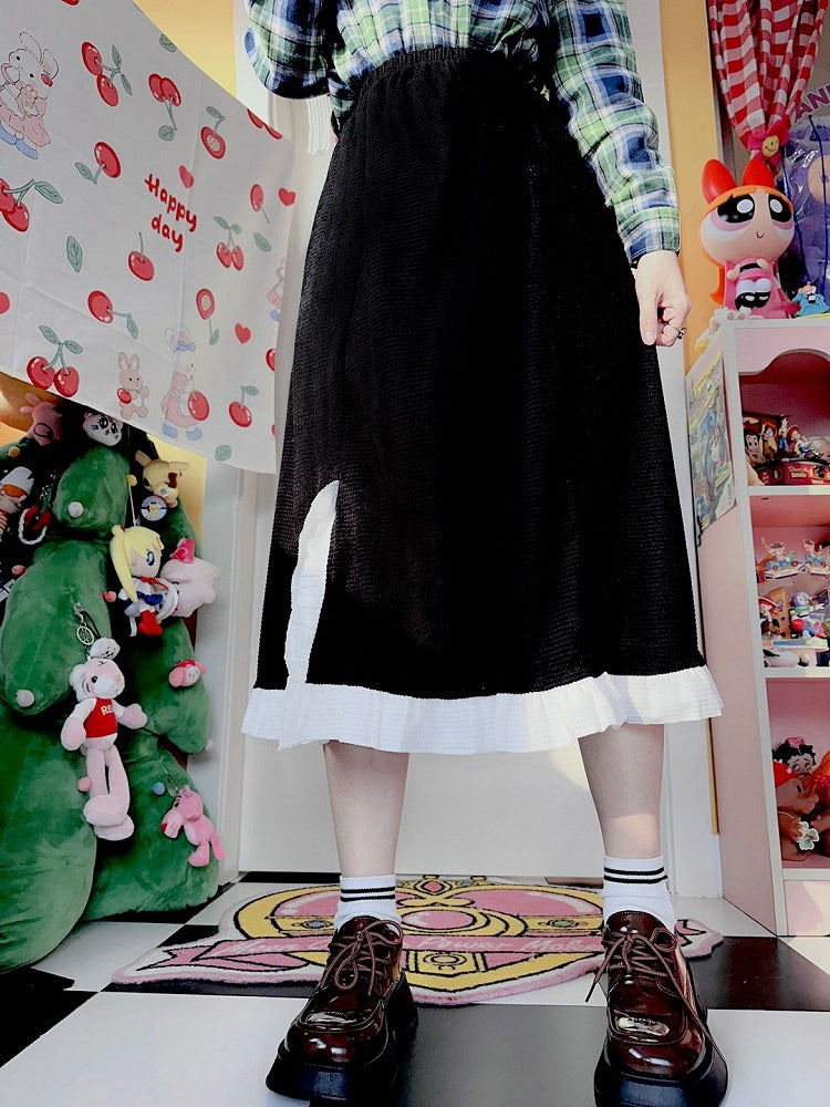 Side Waist Ruffle Shirring Black Skirt Slit Trim