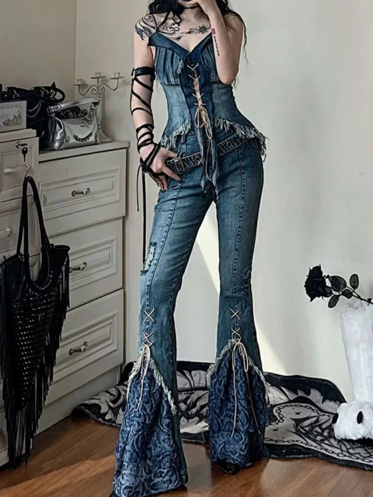 Lace-up Patchwork Detail Denim Pants Flare Design