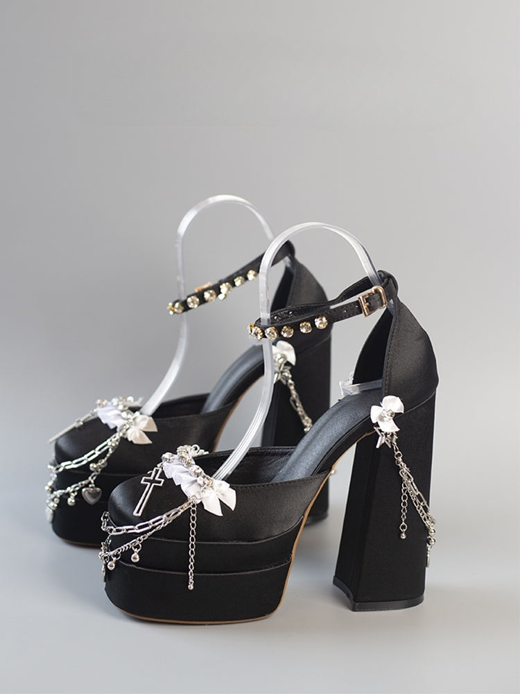 Black High Heels with Buckle Ankle Strap Rhinestone Cross Detachable Chain Size 40 - Hexagram