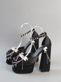 Black High Heels with Buckle Ankle Strap Rhinestone Cross Detachable Chain Size 40 - Hexagram