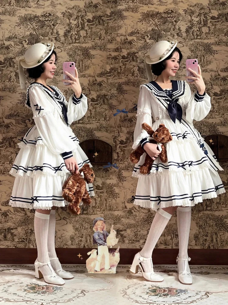 Ärmel Matrosenkragen Weiß mit Sommerkleid Kurz Abnehmbar Lolita