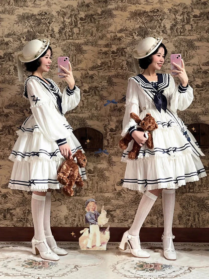 Ärmel Matrosenkragen Weiß mit Sommerkleid Kurz Abnehmbar Lolita