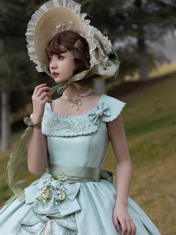 Dress Cascading of Lolita Valley Green Slit Lily Embroidery Light Ruffle Side Classic the with
