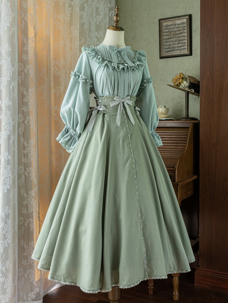 Dusty Green Boned High-Waisted Long Version Autumn Daily Lolita Skirt