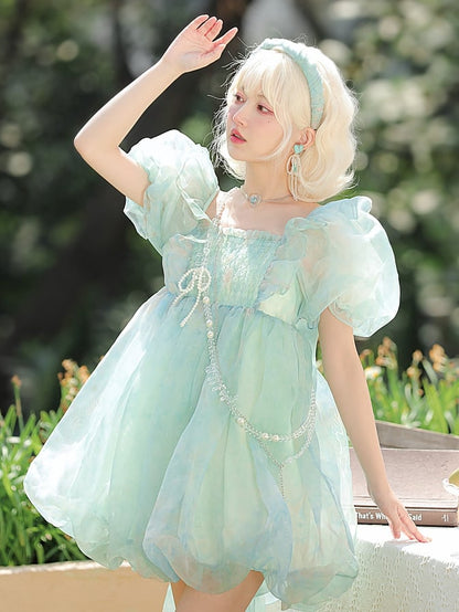 Grünes Kleid mit kurzen/langen Ärmeln und kurzer Schleife und süßer abnehmbarer Version, groß