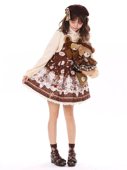 Coffee Chocolate Teddy Bear Lace Trim Big Bow Sweet Lolita Dress Jumper Skirt
