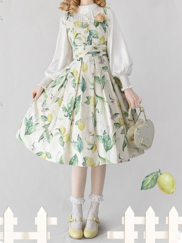 Robe Lolita JSK classique élégante à encolure carrée jaune et verte citron