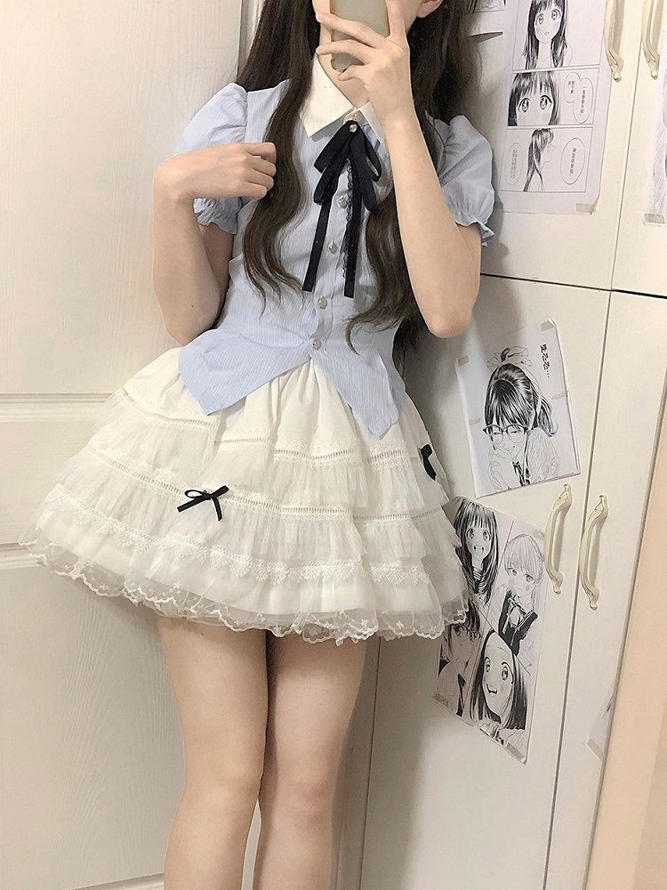 Bowknot Lace Trim Skirt Tiered Black White with Details