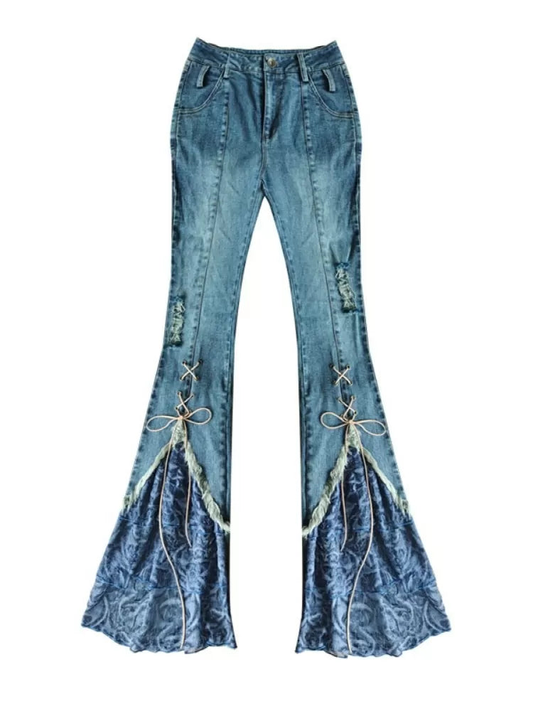 Lace-up Patchwork Detail Denim Pants Flare Design