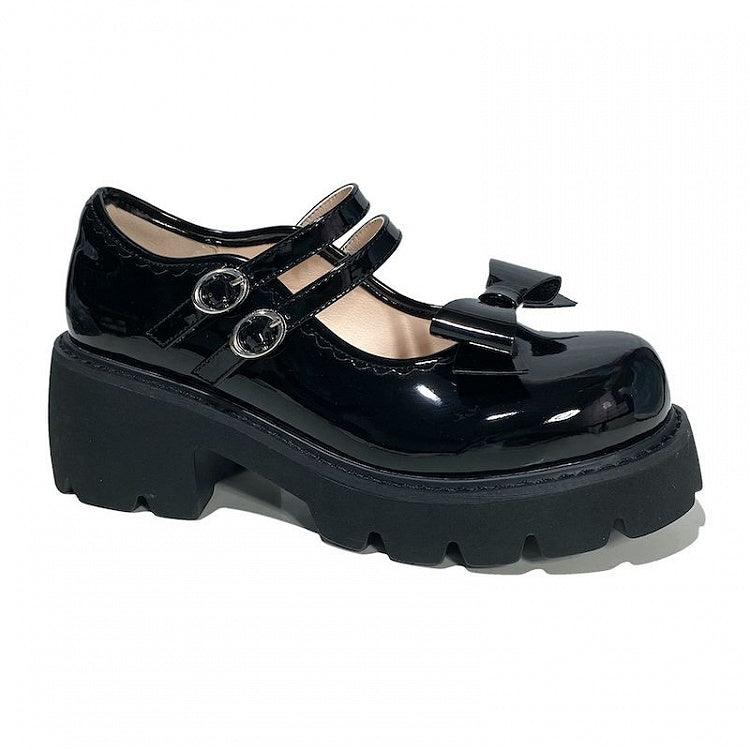 Polished Black PU Mary Jane Shoes with Bowknot Accents - LI XING LUO