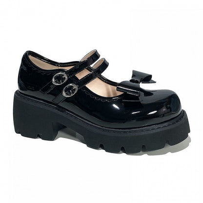 Polished Black PU Mary Jane Shoes with Bowknot Details, Size 40 - LI XING LUO