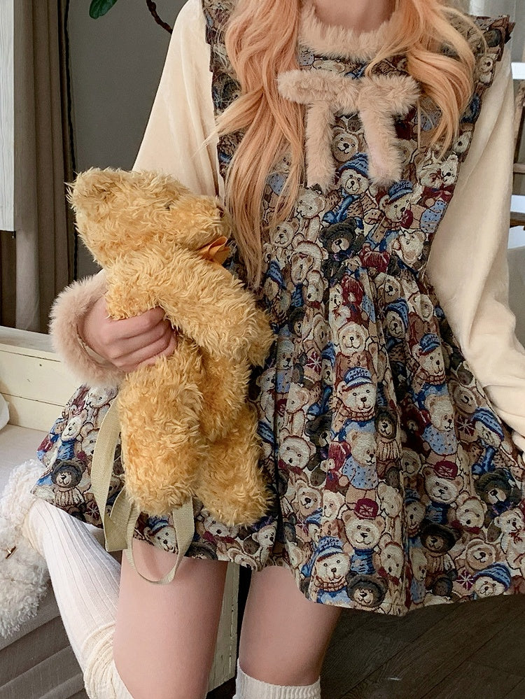 Dress with Plush Bowknot Faux Two-Piece Design Vintage Bear Print Brown