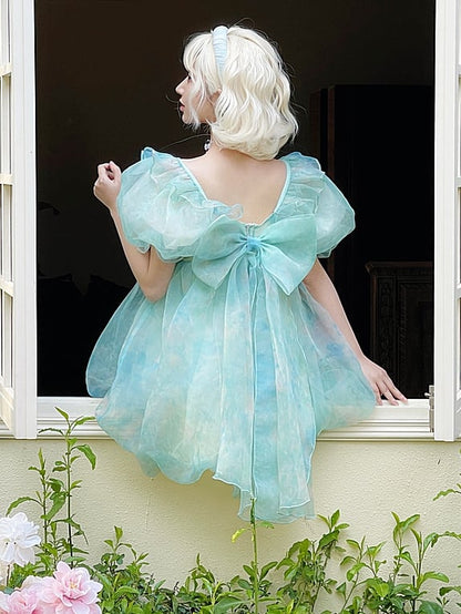 Grünes Kleid mit kurzen/langen Ärmeln und kurzer Schleife und süßer abnehmbarer Version, groß