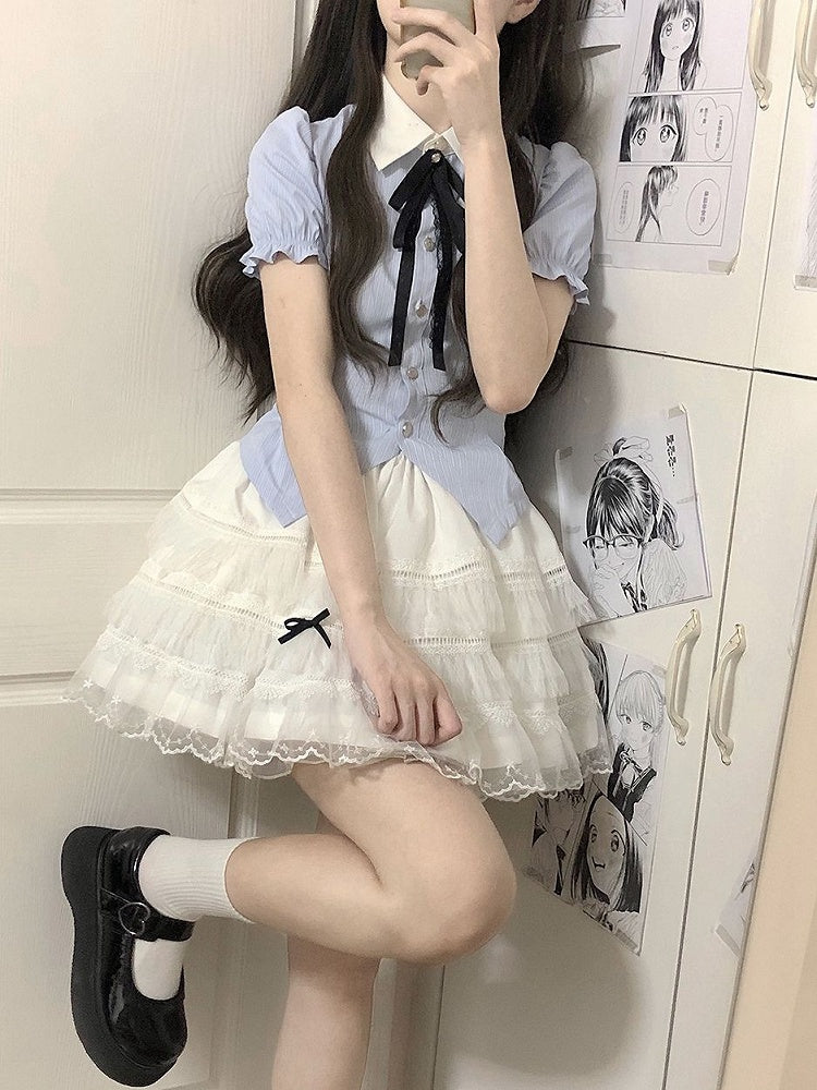 Bowknot Lace Trim Skirt Tiered Black White with Details