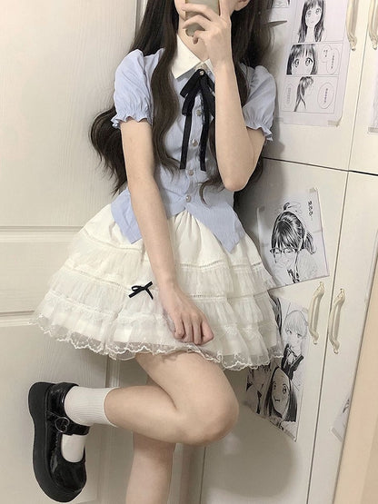 Rock mit Schleifen-Spitzenbesatz, gestuft, Schwarz/Weiß, mit Details