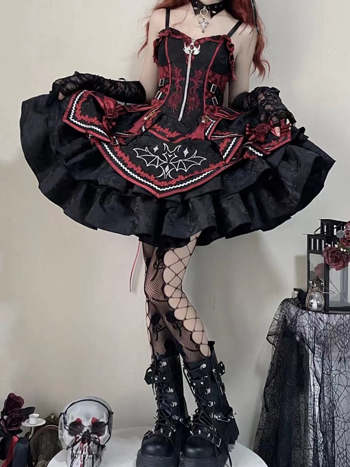 Gothic Bat Black Cross Embroidery Lolita Front Red JSK and Buckle Side Zip