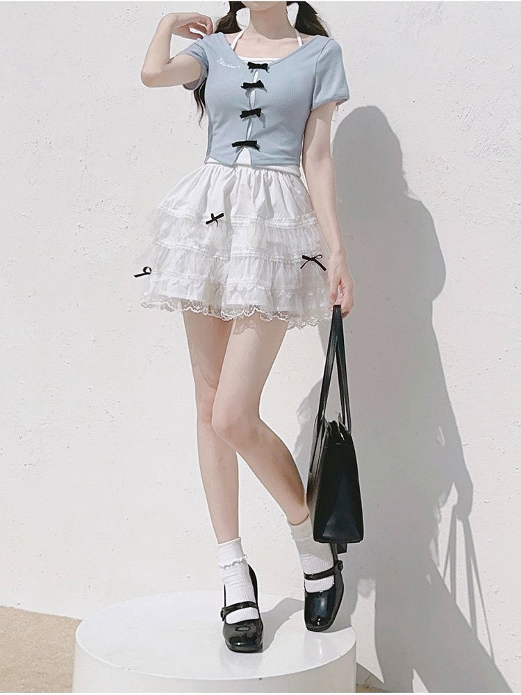 Bowknot Lace Trim Skirt Tiered Black White with Details