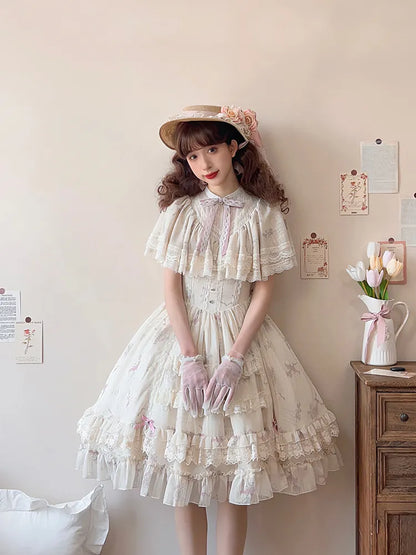 Kleid Lolita Klassisch Elegant Beige Glockenblumenhals Blumen Edward Print