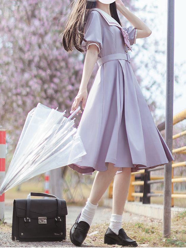 Light Purple Embroidered JK Uniform Sailor Dress - Walnut JK