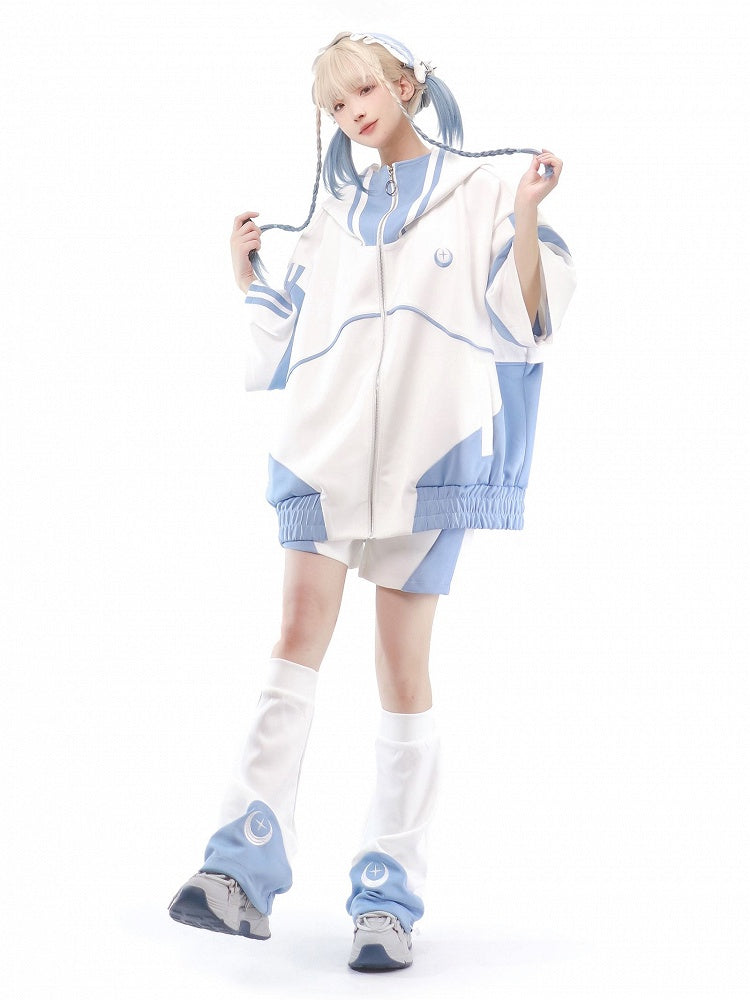 Vorderseite Tenshi Weiße Jacke Oben Blaue Ärmel Kaiwai Light und Sweatershirt Zip Ellenbogenlang