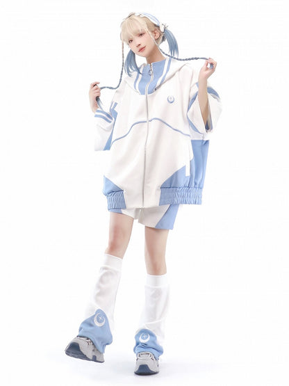 Vorderseite Tenshi Weiße Jacke Oben Blaue Ärmel Kaiwai Light und Sweatershirt Zip Ellenbogenlang