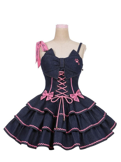 Navy Blue Lace-up Detail Sweet Bow Accents Tiered Skirt Denim Slip Dress