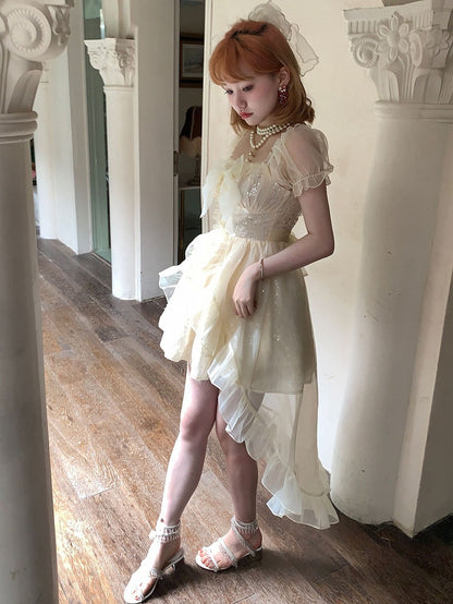 Dress with Tulle Train Beige Sequin-Embellished Square Neckline