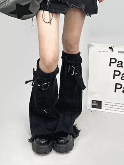 Sleeves Denim Flared Black Design Leg Cross