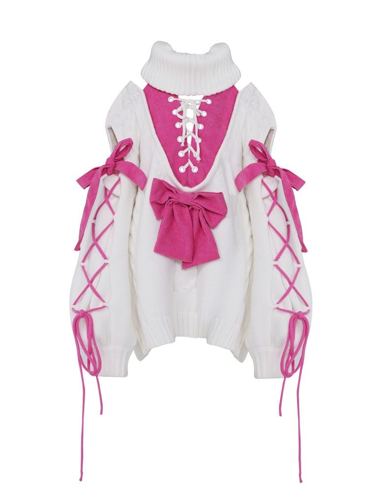 ピンクの蝶結びの白いタートルネックセーター