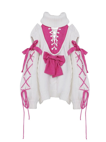 ピンクの蝶結びの白いタートルネックセーター