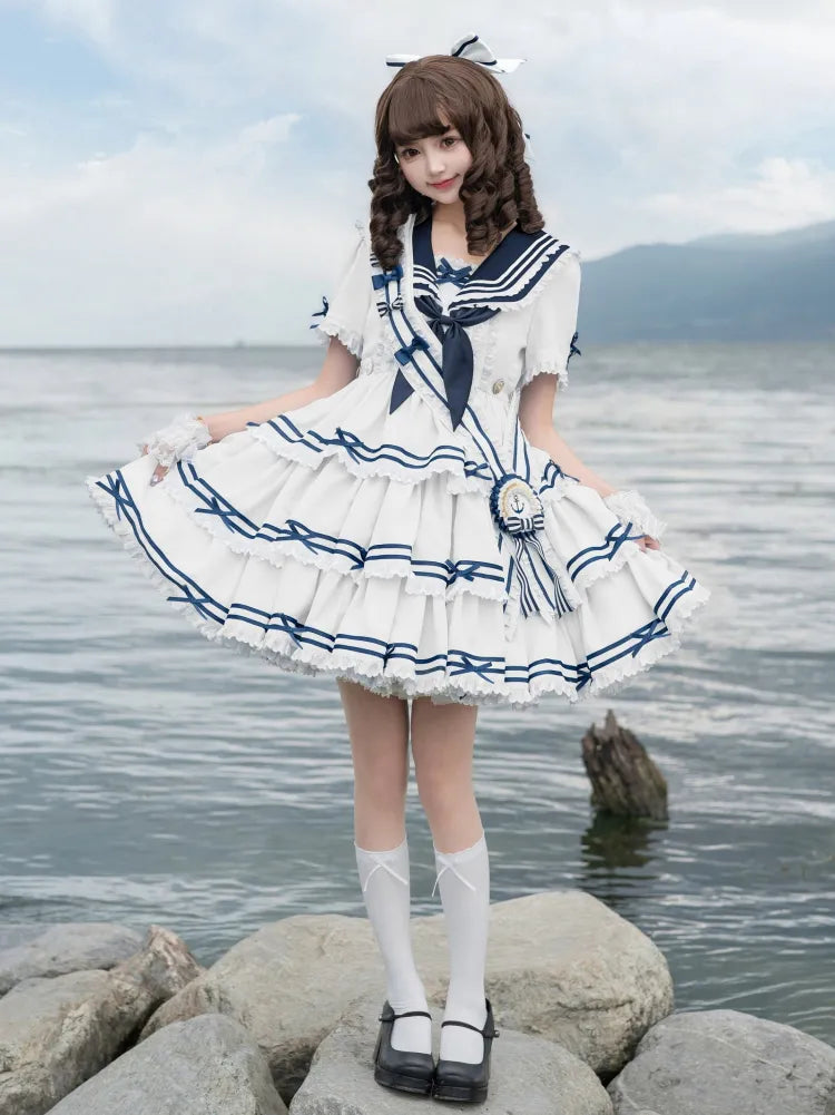 Ärmel Matrosenkragen Weiß mit Sommerkleid Kurz Abnehmbar Lolita