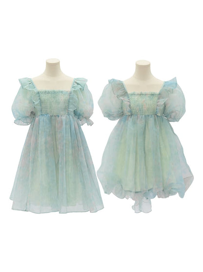 Grünes Kleid mit kurzen/langen Ärmeln und kurzer Schleife und süßer abnehmbarer Version, groß