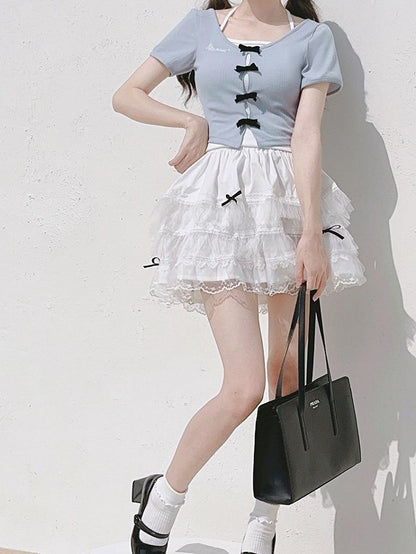 Rock mit Schleifen-Spitzenbesatz, gestuft, Schwarz/Weiß, mit Details