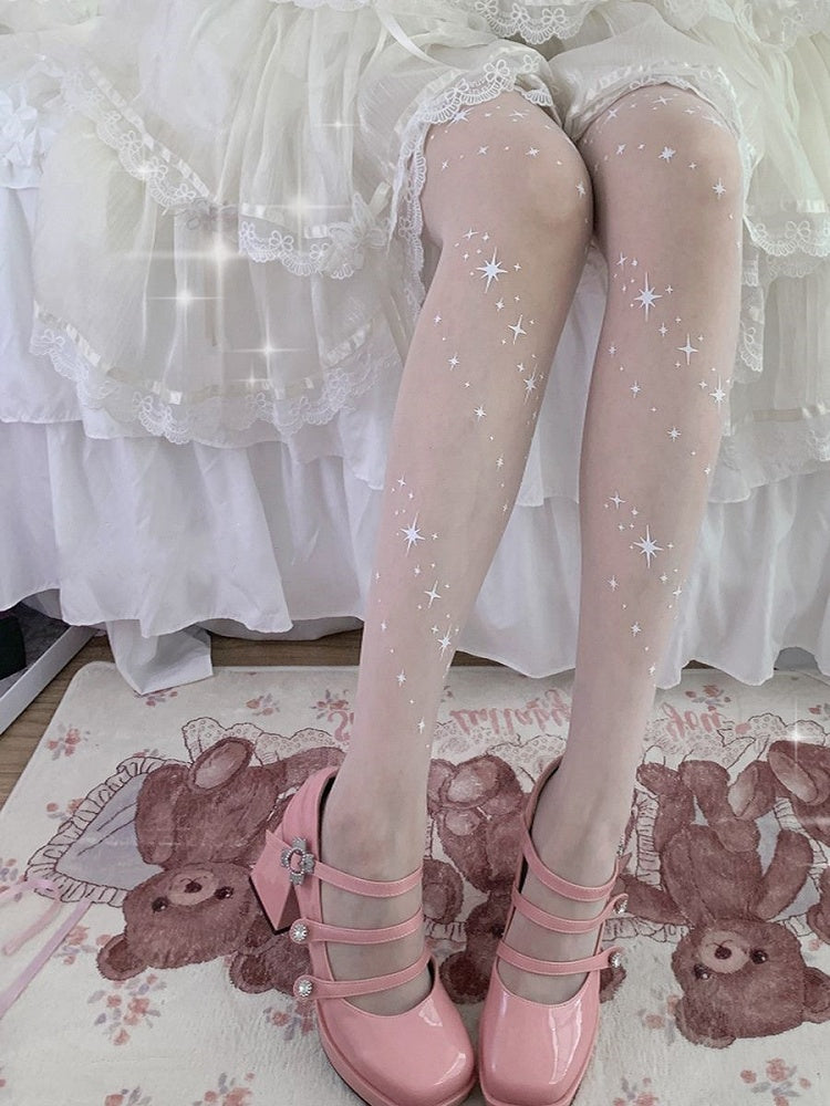 White Tights Stars Print Sheer - ROJI ROJI