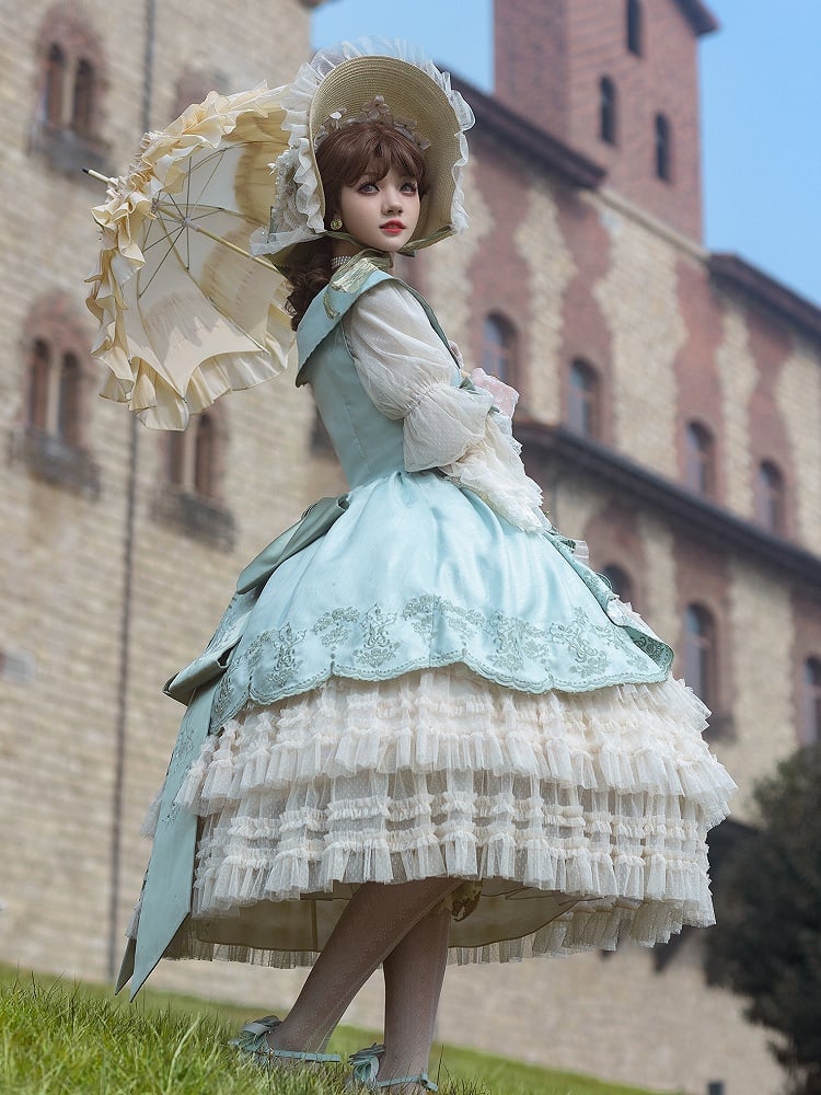 Dress Cascading of Lolita Valley Green Slit Lily Embroidery Light Ruffle Side Classic the with
