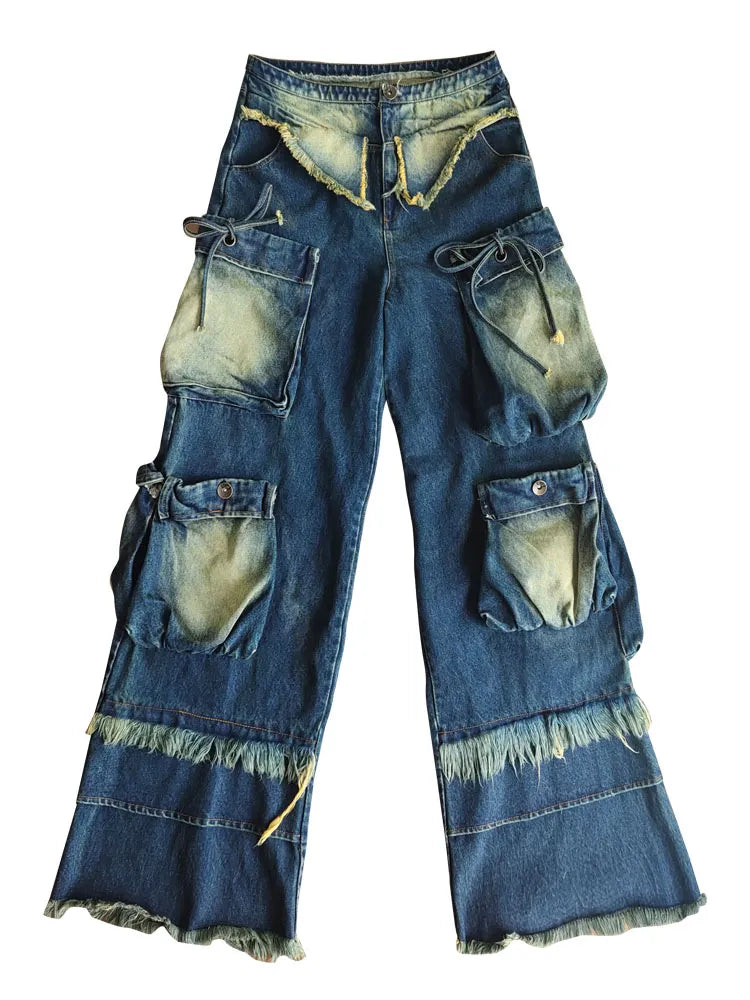 Cargo Punk Wash Wasteland Faded Pockets Jeans Wide Leg