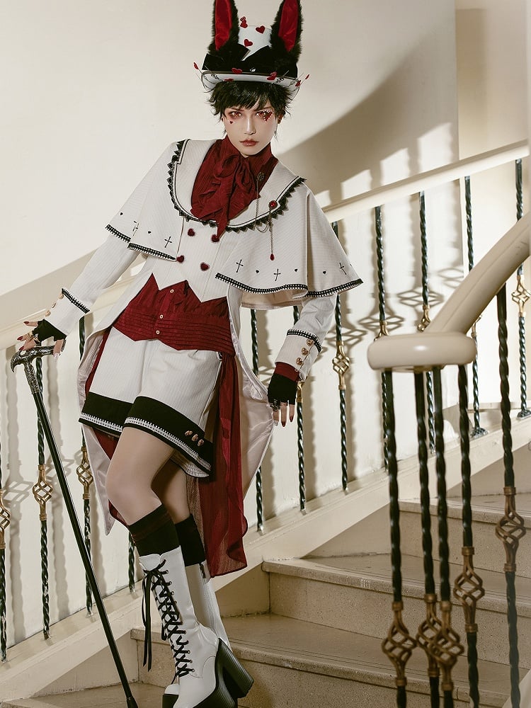 Lolita Split-Tail Ouji Cape Coat White Bunny-Ear Detachable with Aristocrat