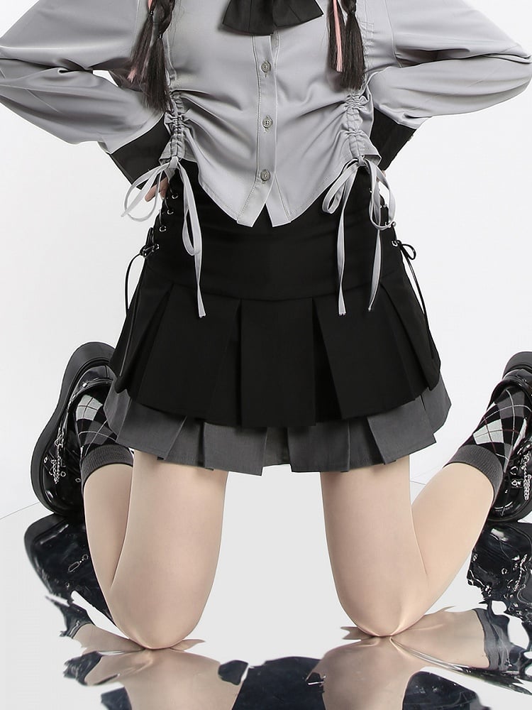 スカート ホワイト/グレー ティアードプリーツ ダブル＆ブラック ボックス