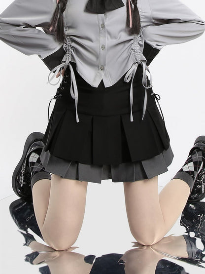 スカート ホワイト/グレー ティアードプリーツ ダブル＆ブラック ボックス