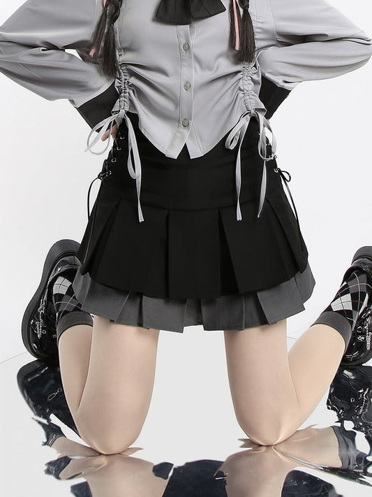 スカート ホワイト/グレー ティアードプリーツ ダブル＆ブラック ボックス