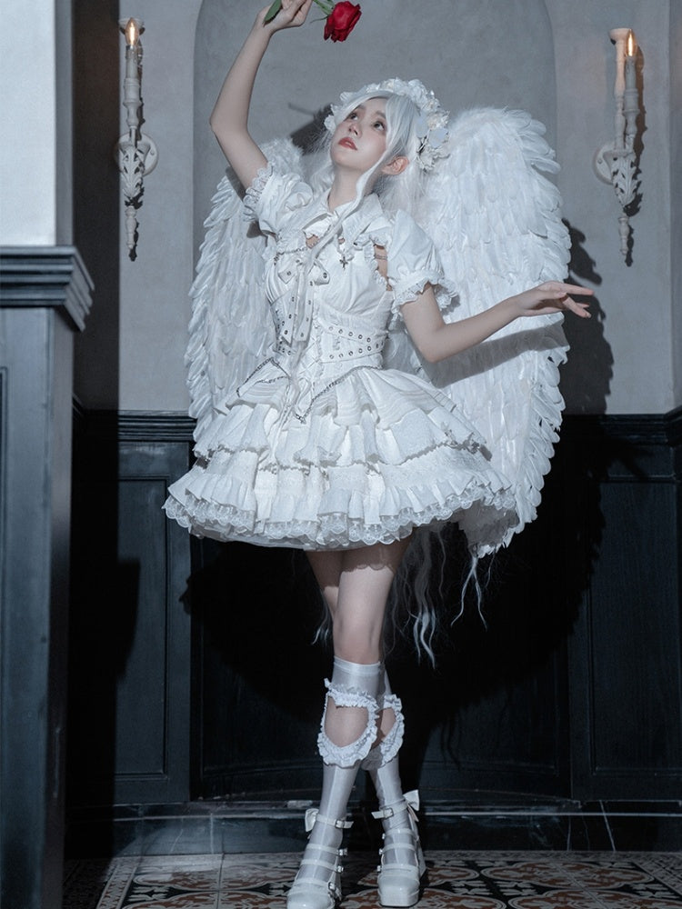 ホワイトゴスショートジャンパースカート 調節可能なクロスストラップウエスト